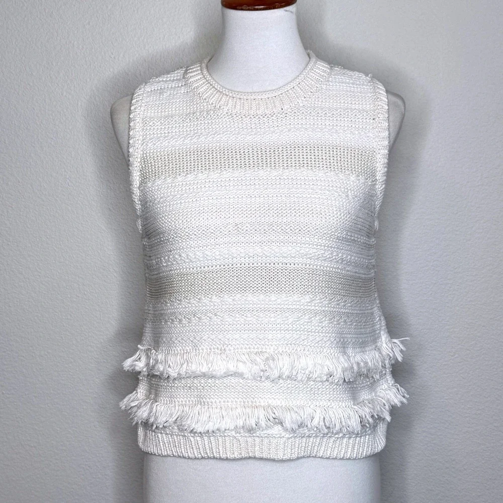 CLUB MONACO Sweater Vest LG Cream Ivory Fringe Rolled Crewneck Cotton Minimalist